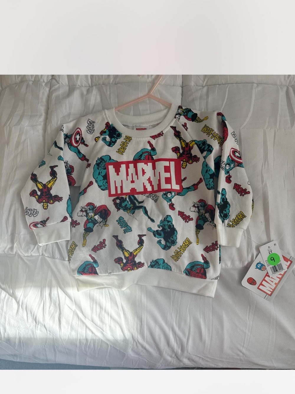 Marvel White Pullover Sweatshirt with Red Logo and Multi-Colored Superheroes